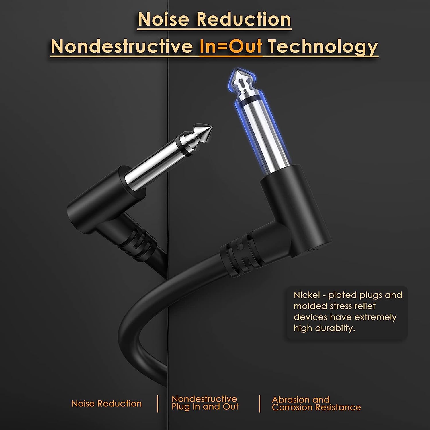 Sovvid 6 Pack 12 Inch Guitar Patch Cables, Black Guitar Pedal Cable Effect Cable Cord, 1/4'' Inch Ts Right Angle Guitar Patch Ca