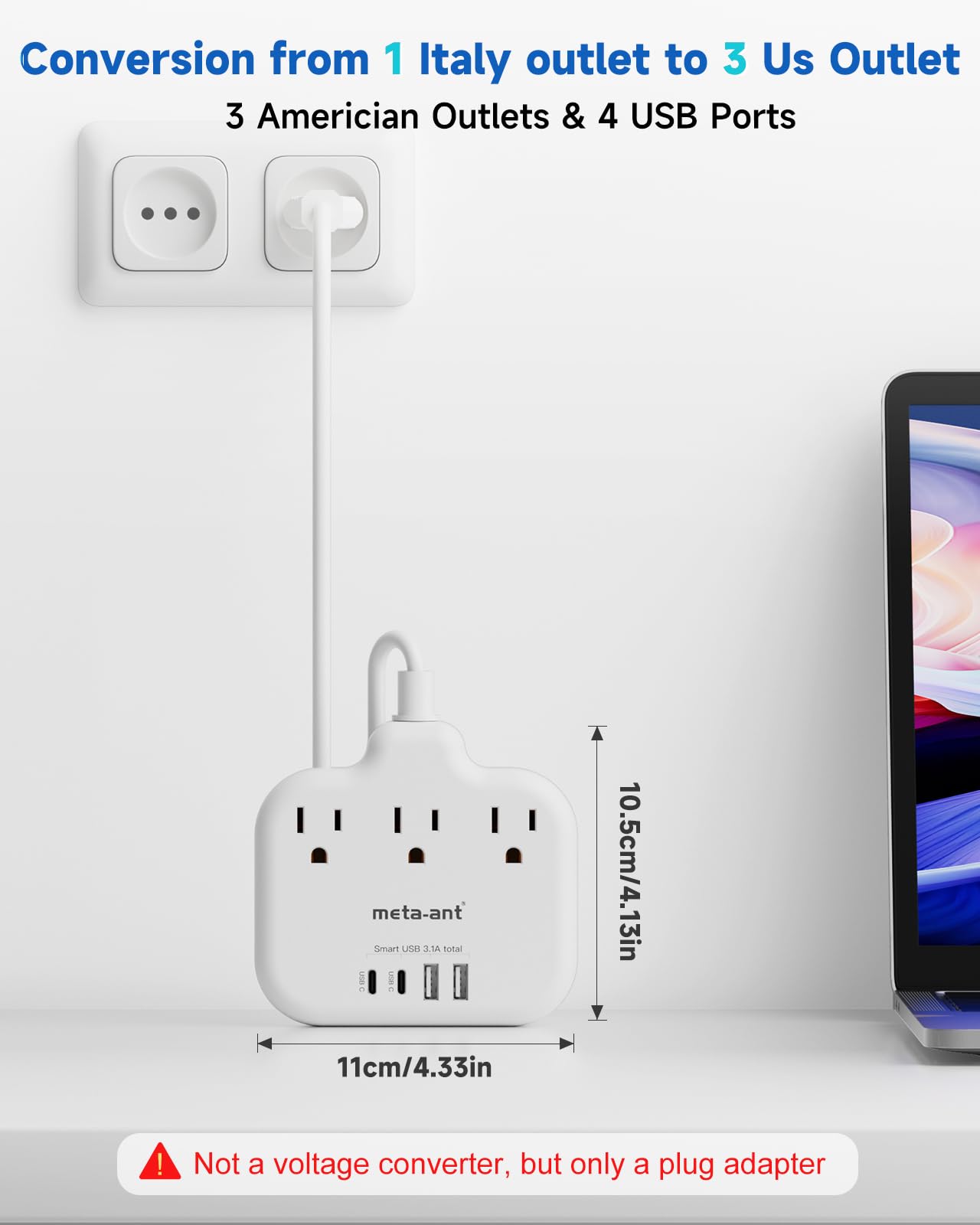 Italy Travel Plug Adapter With 5Ft Extension Cord, Meta Ant Italy Power Adapter With 3 American Outlets 4 Usb Ports(2 Usb C), Ty