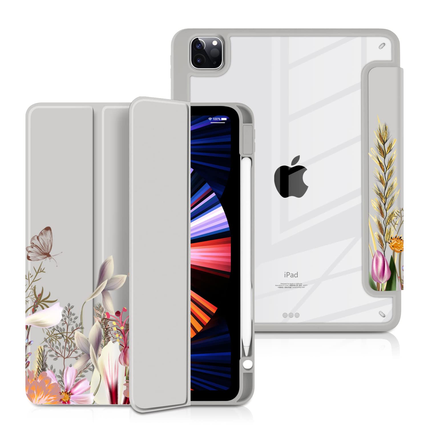 Batianda Hybrid Case For Ipad Pro 12.9 Inch 2022 M2 2021 5Th / Ipad Pro 12.9' 4Th/3Rd Gen [Built In Pencil Holder] Shockproof Cover With Clear Back Shell Tpu Bumper, Flowers