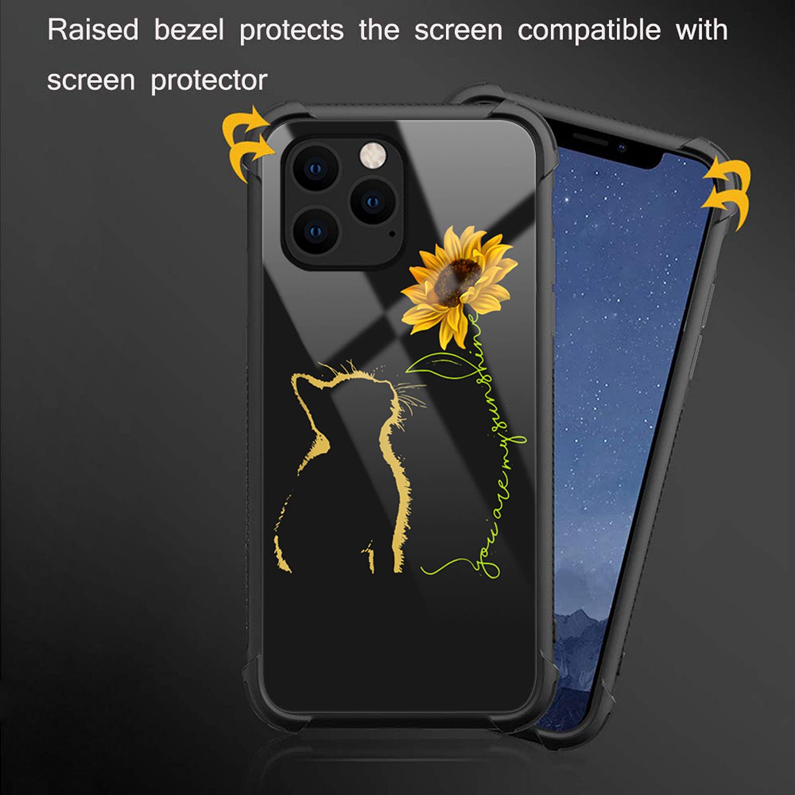 CARLOCA iPhone 13 Mini Case Yellow Cat Sunflower Graphic Shockproof Anti-Scratch Drop Protection Polycarbonate