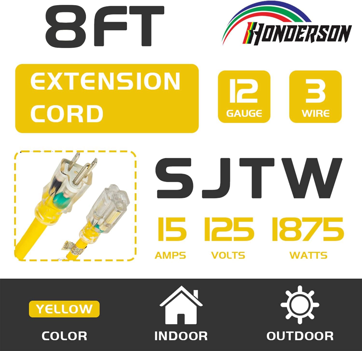 Honderson Indoor Outdoor Extension Cord Weatherproof With Lighted End, Ul Listed, 12 Gauge 8Ft Yellow 3 Prong Heavy Duty Extensi