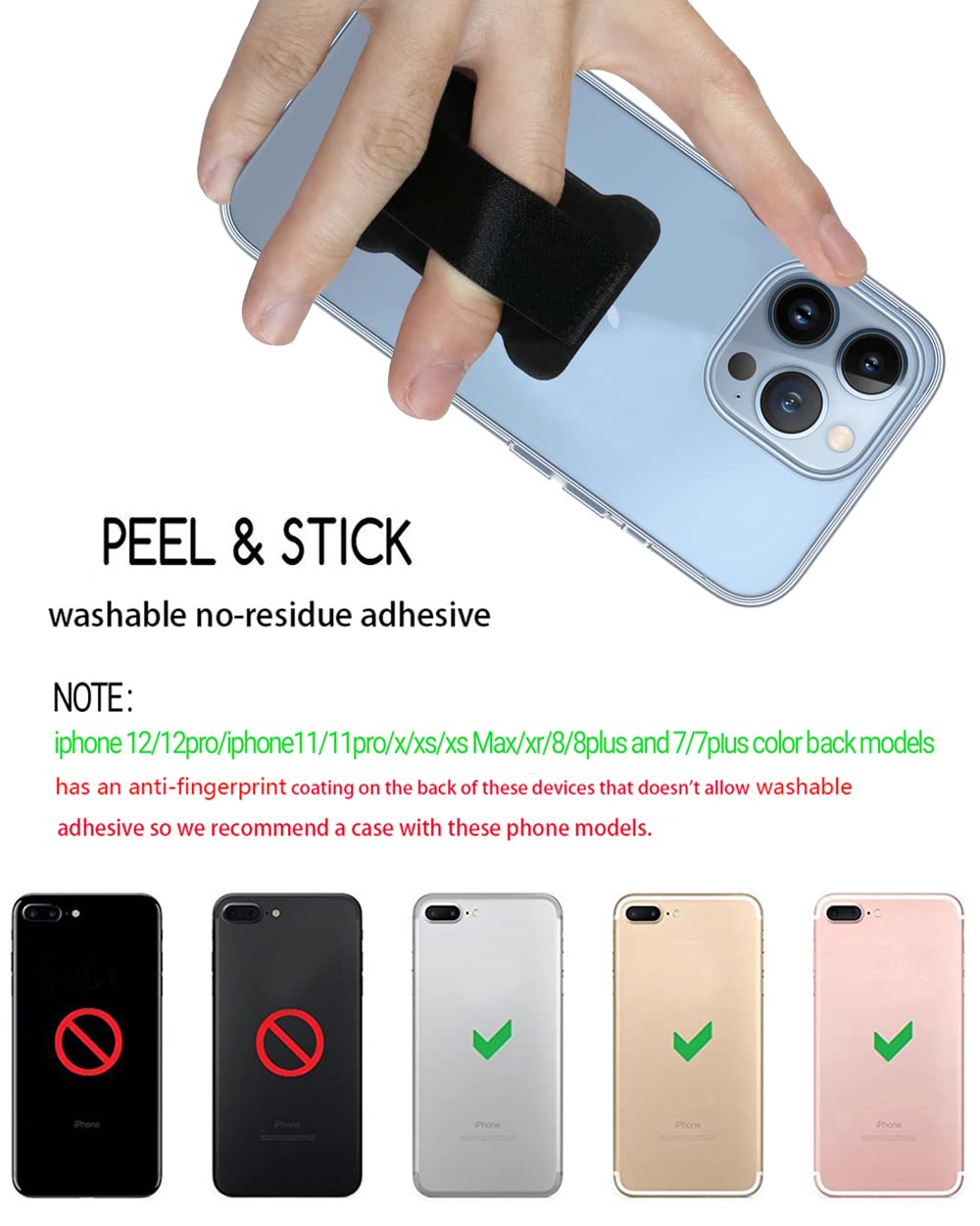 REINVENT EGO Finger Strap Phone Holder - Ultra Thin Anti-Slip Silicone Grip - 2 Pack - Black