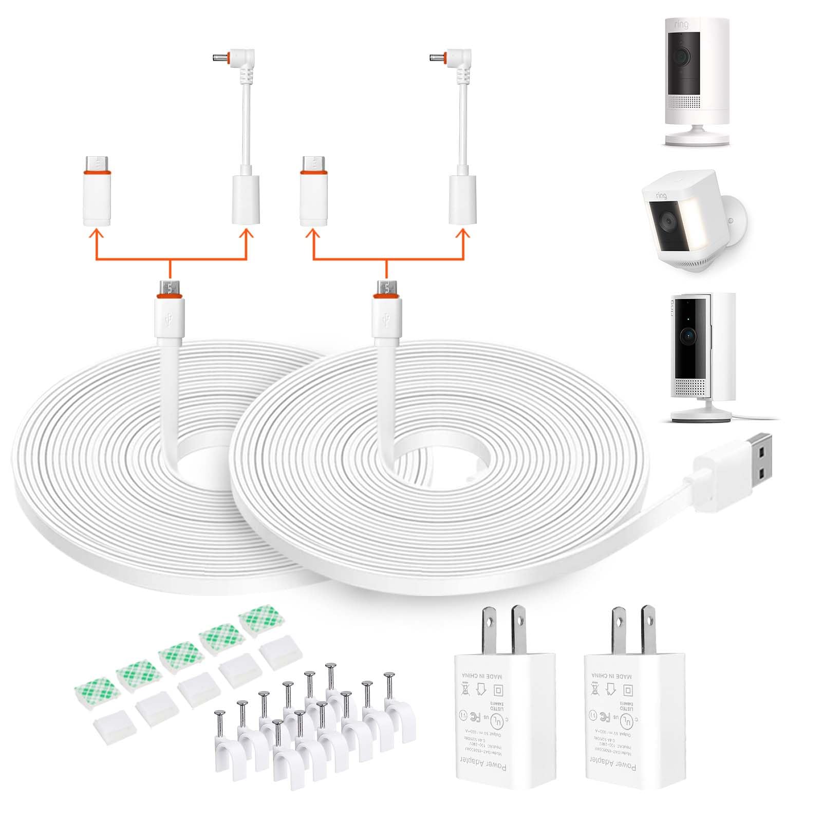 26Ft Power Cord With Adapter For Ring Camera, Ring Spotlight Cam Plus/Pro/Battery, Ring Stick Up Cam Battery, Simplisafe, Eufy,