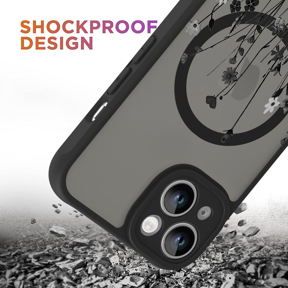 Ook Magnetic For Iphone 14 Plus Case [Compatible With Magsafe] Black Wild Flower Slim Translucent Matte Case For Iphone 14 Plus