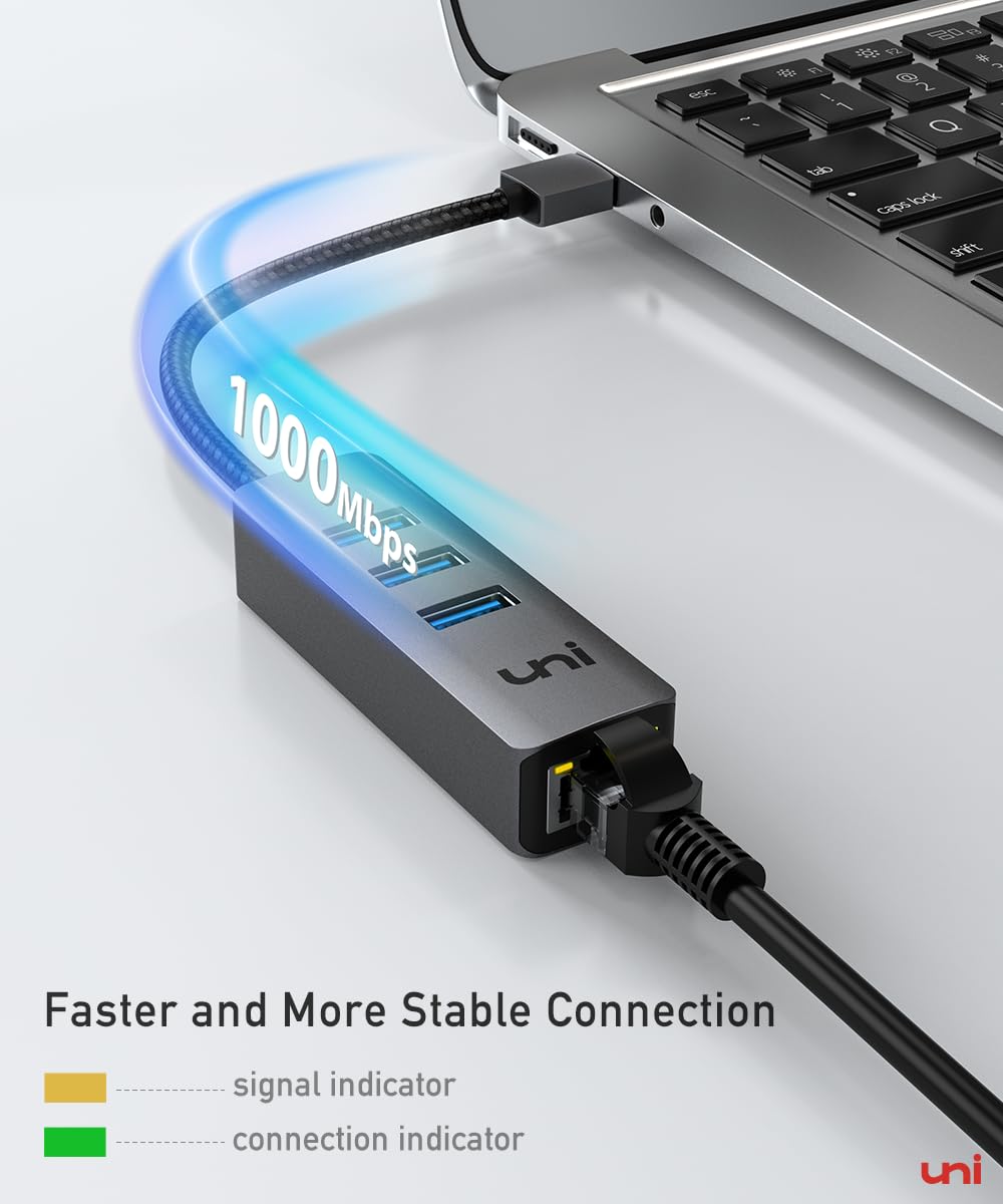 Uni Usb To Ethernet Adapter, Usb 3.0 Hub With 100/1000 Mbps Rj45 Ethernet Driver Free, Sturdy Aluminum 4 In 1 Usb A To Lan Netwo