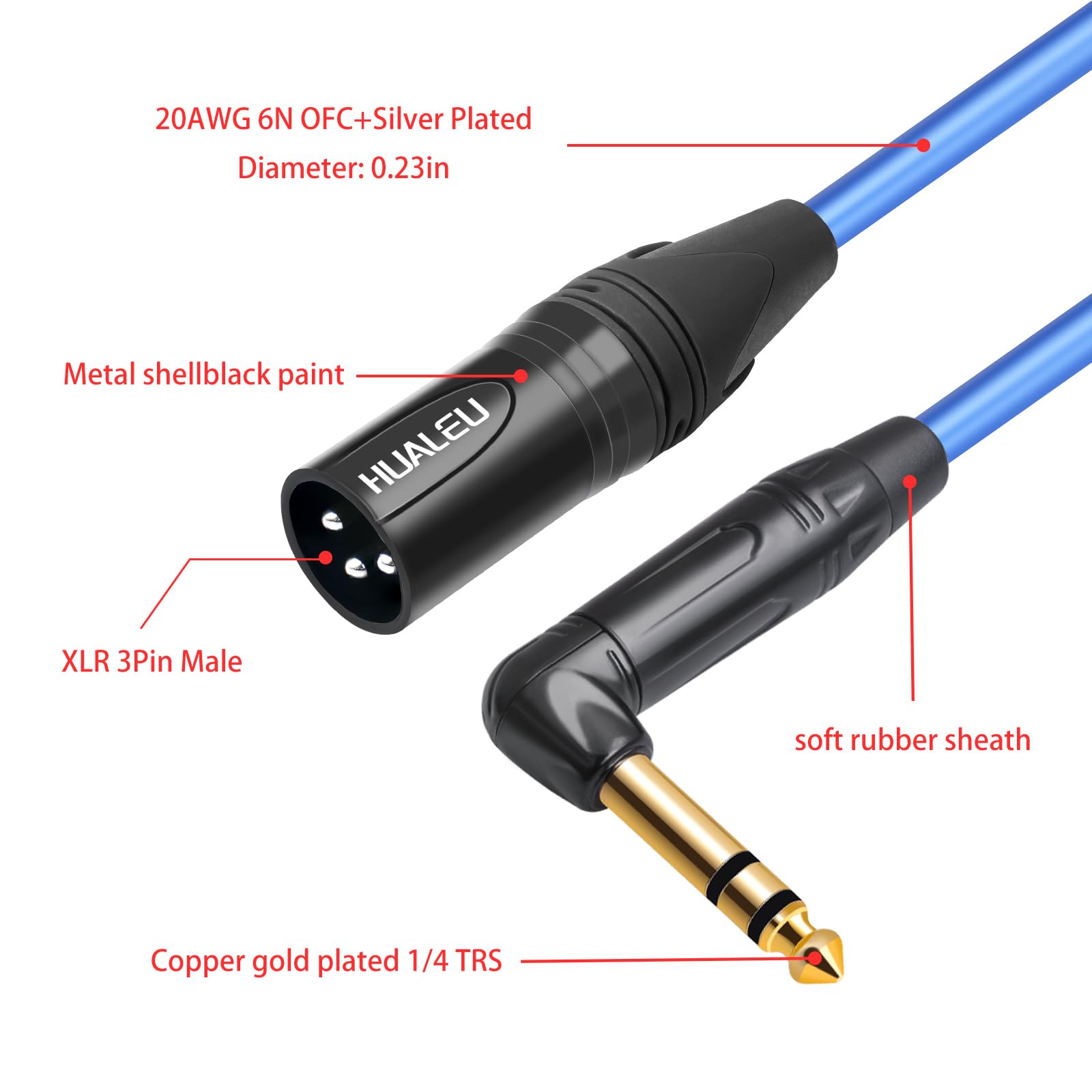 Hualeu 3.3Ft Right Angle 1/4 Trs To Xlr 3Pin Male Audio Cable,6N Ofc+Silver Plated Hi End Audio Cable,Right Angle 6.35Mm Ts To X