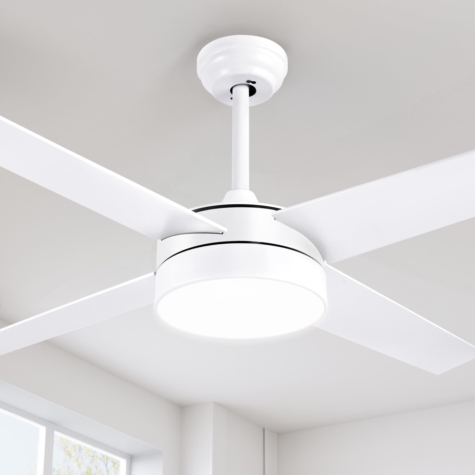 YITAHOME White Ceiling Fans with Light and Remote Control, 48 Inch Dimmable Modern Wood Fan for Indoor Outdoor with Quiet Revers