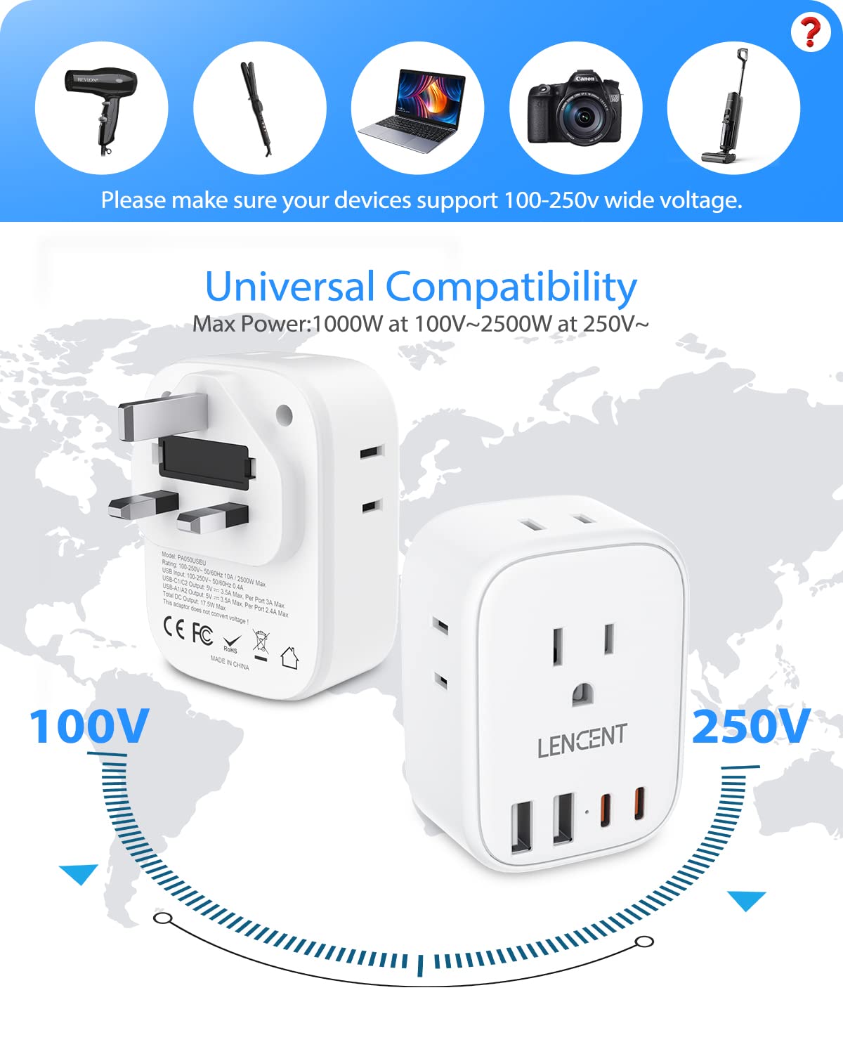 Lencent 3 Pack Us To Uk Ireland Travel Plug Adapter, Grounded Type G Outlet Adaptor With 4 Usb Charger(2 Usb C), 4 Outlets Conve