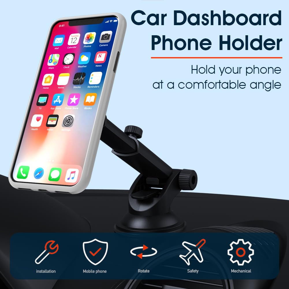 Sincetop Car Phone Holder Mount, Cell Phone Mount For Car Dashboard Windshield, 3 In 1 Super Suction Cup With Strong Sticky Gel,