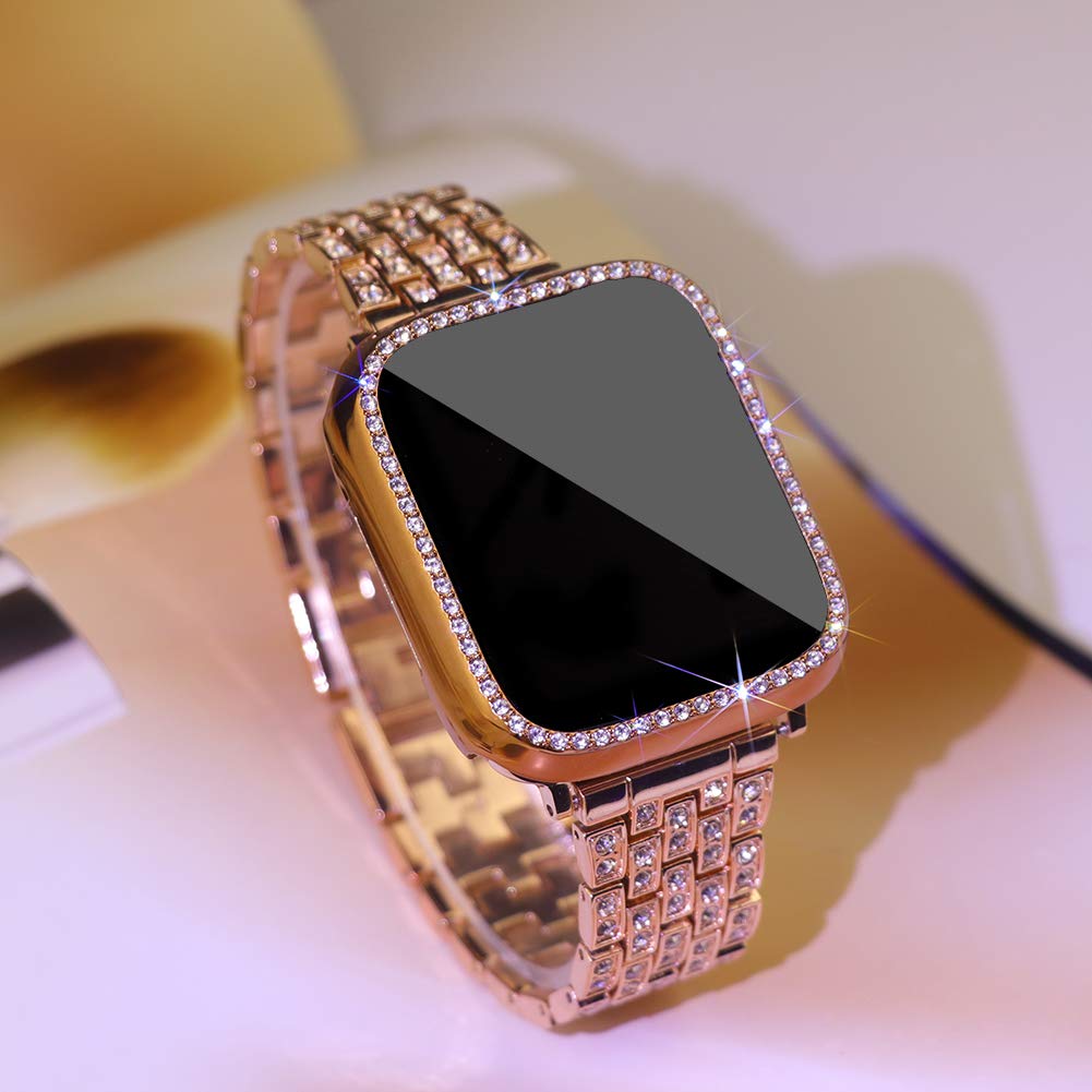 Supoix Compatible With Apple Watch Band 44Mm + Case, Women Jewelry Bling Diamond Rhinestone Replacement Metal Strap &Soft Tpu Pr