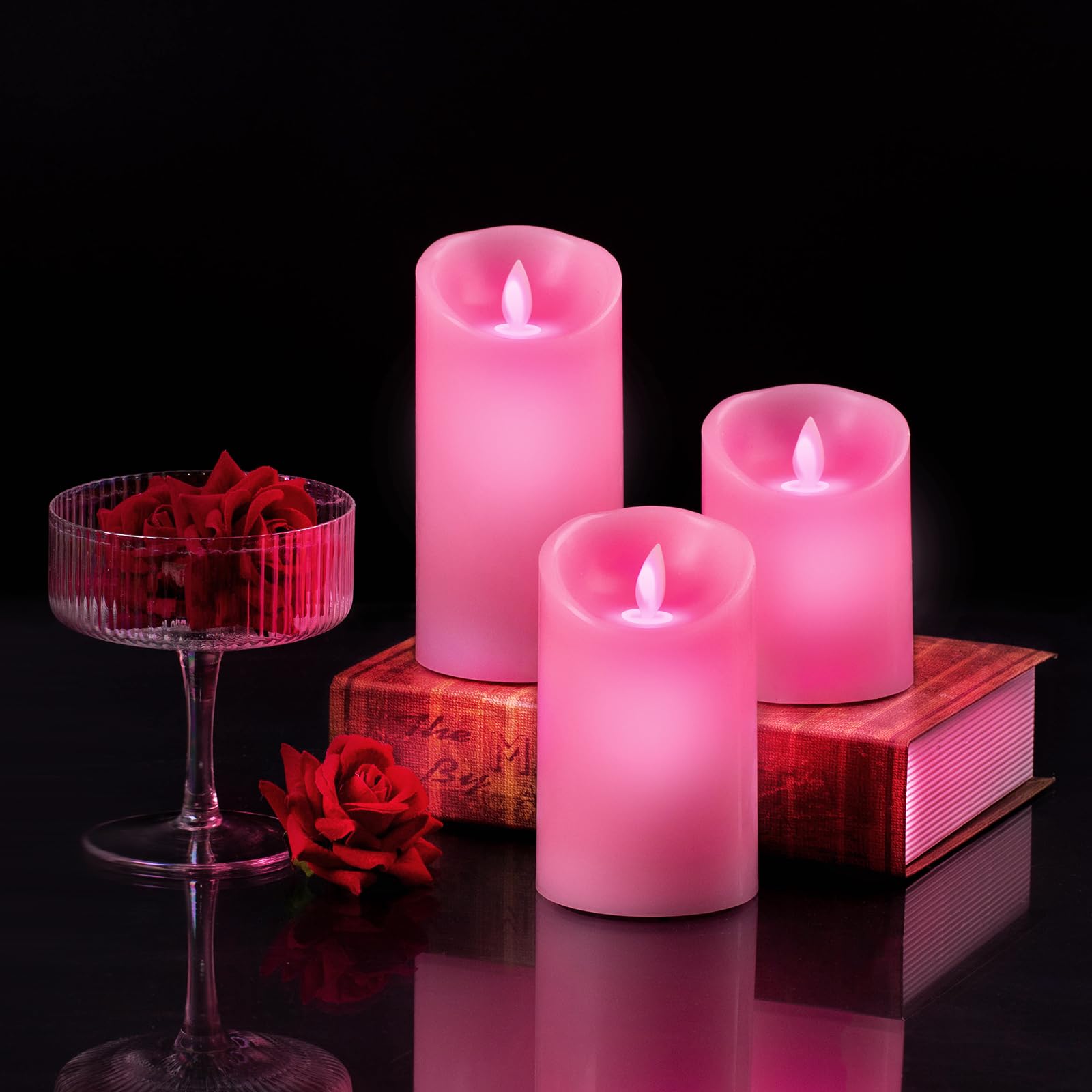 Windshell Pink Flame Candles (Pink Led Light Source), Moving Wick Design, Remote Control With Timer And Dimmer, Real Wax/Battery