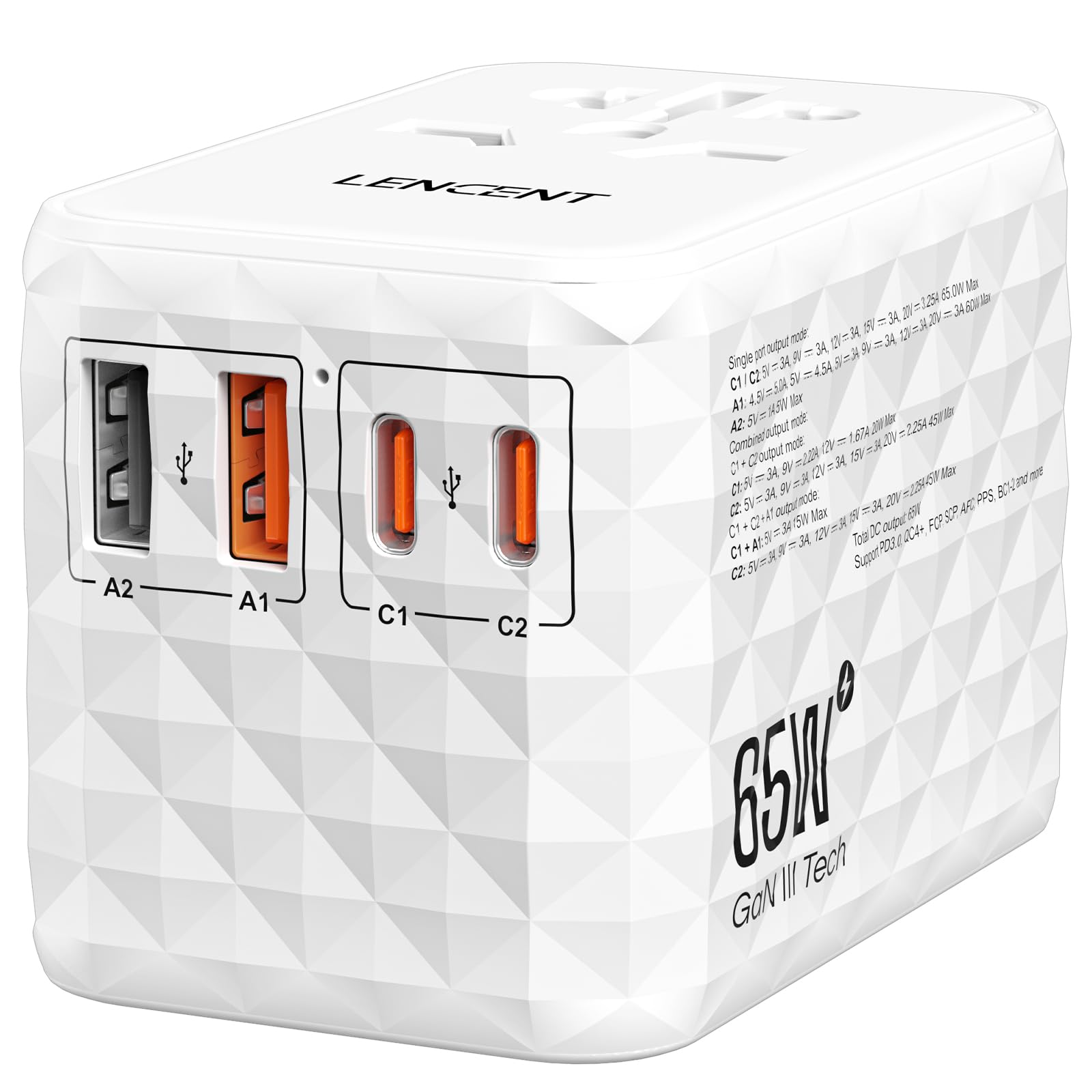 Lencent 65W Universal Travel Adapter, Gan International Fast Charger 2 Usb A & 2 Usb C Power Plug Converter, Power Outlet Adapte