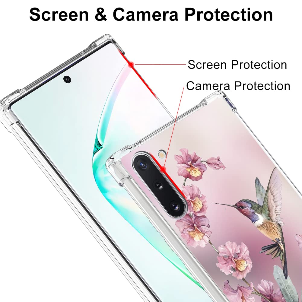 Ook Clear Case Compatible With Samsung Galaxy Note 10, Pink Hummingbird Pattern Flexible Tpu Shockproof Anti Scratch Bumper Tran
