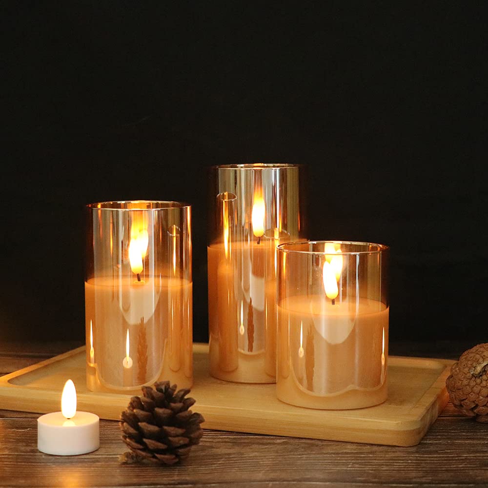 Genswin Glass Flameless Candles Battery Operated With Remote Timer, Led Flameless Flickering 3D Wick Pillar Candles Real Wax For
