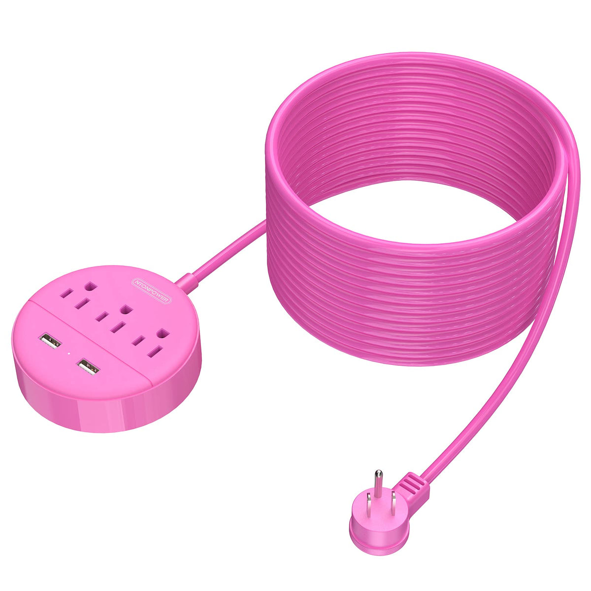 Pink Extension Cord 25Ft, Ntonpower Flat Plug Power Strip With Long Extension Cord, 3 Outlet 2 Usb Compact Desktop Charging Stat