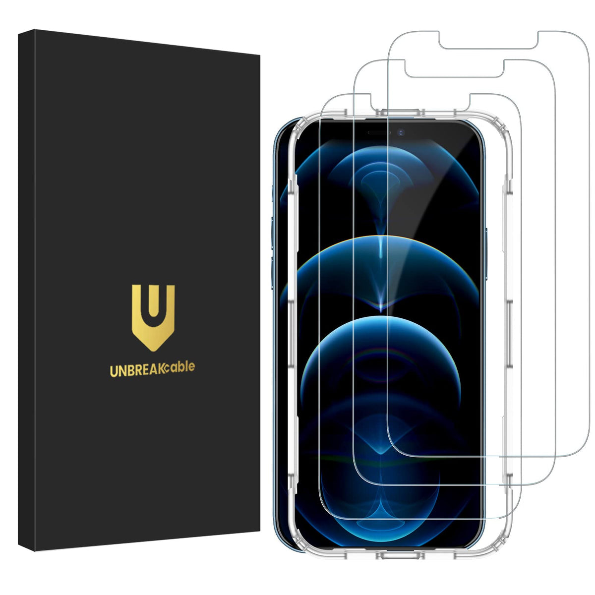 Unbreakcable 3 Pack Screen Protector For Iphone 12 Pro Max, Double Shatterproof Tempered Glass [Easy Installation] [9H Hardness]