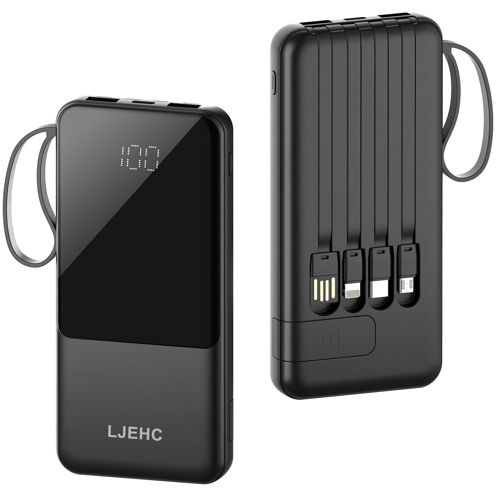 Portable Charger with Built in Cables,10000mAh Slim USB C Power Bank, Black