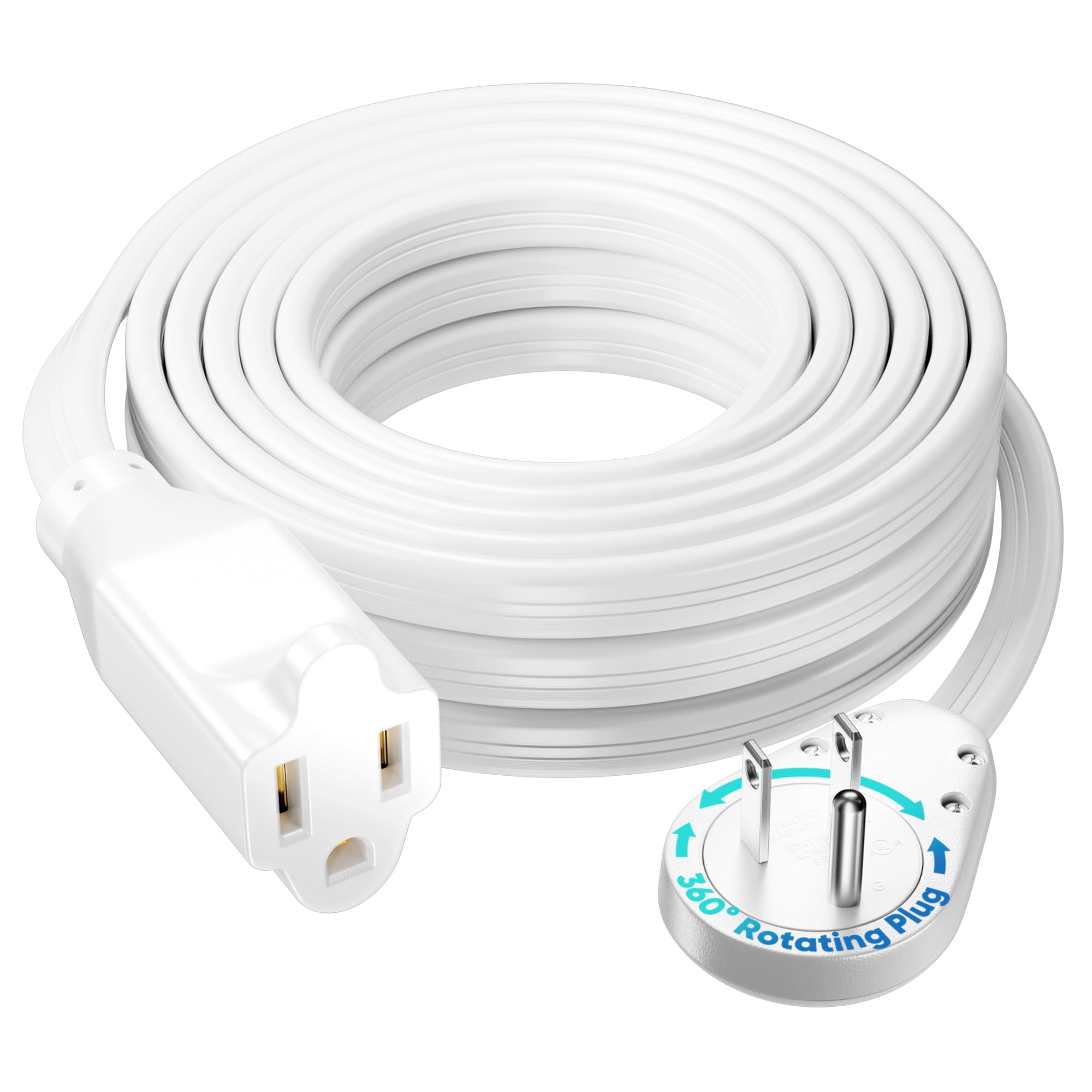 Maximm Flat Wire Extension Cord 20 Ft, 360 Rotating Plug, White, UL