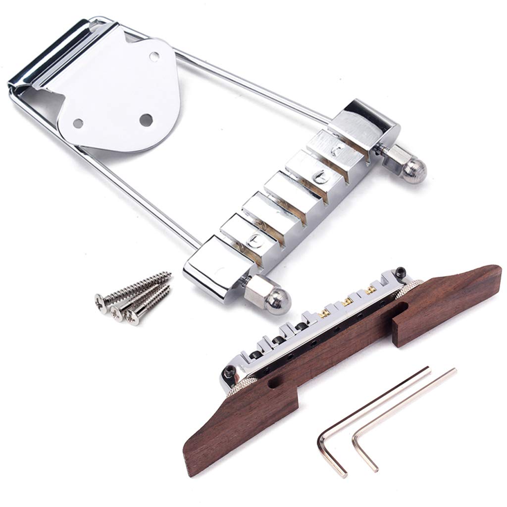 Ogdni 6 String Guitar Trapeze Tailpiece Bridge And Roller Tune O Matic Saddle Bridge For Jazz Archtop Guitar Replacement (Chrome