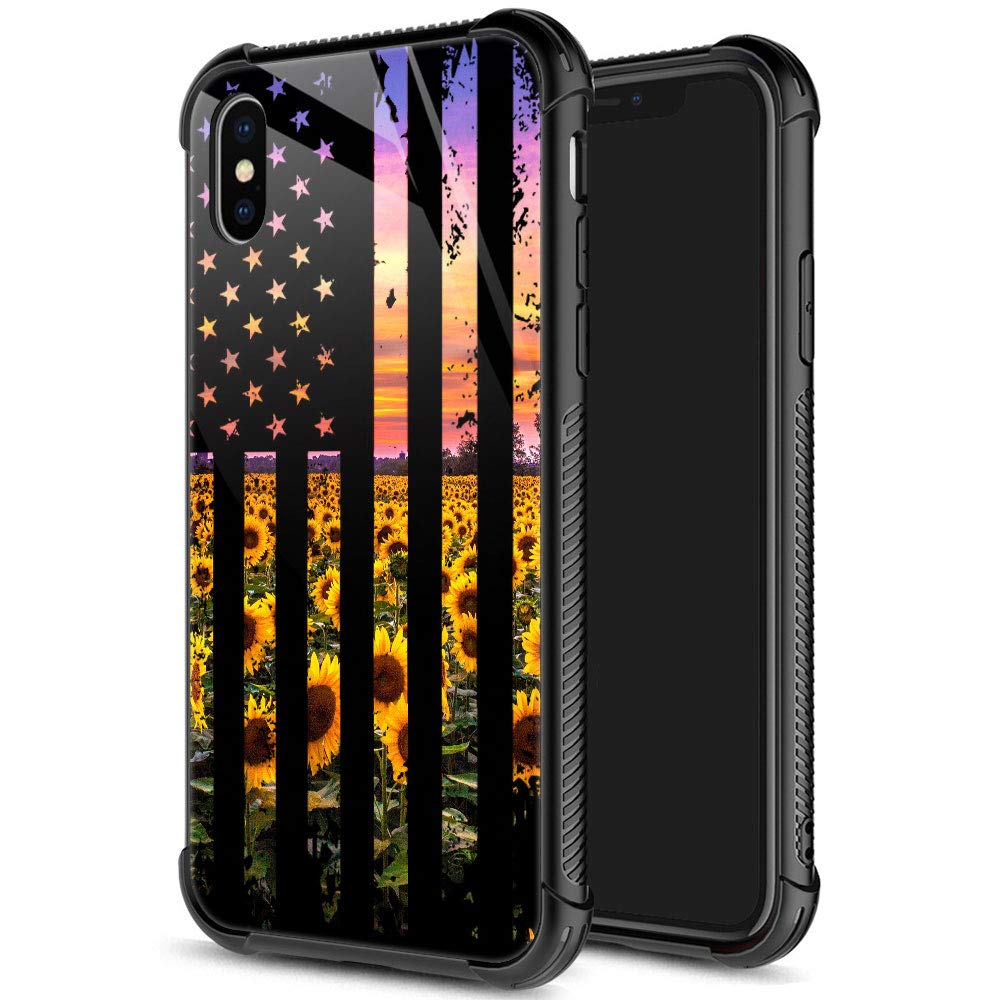 Iphone Xr Case,9H Tempered Glass Iphone Xr Cases For Girls Women, Flag Sunflowers Pattern Shockproof Anti Scratch Case For Apple