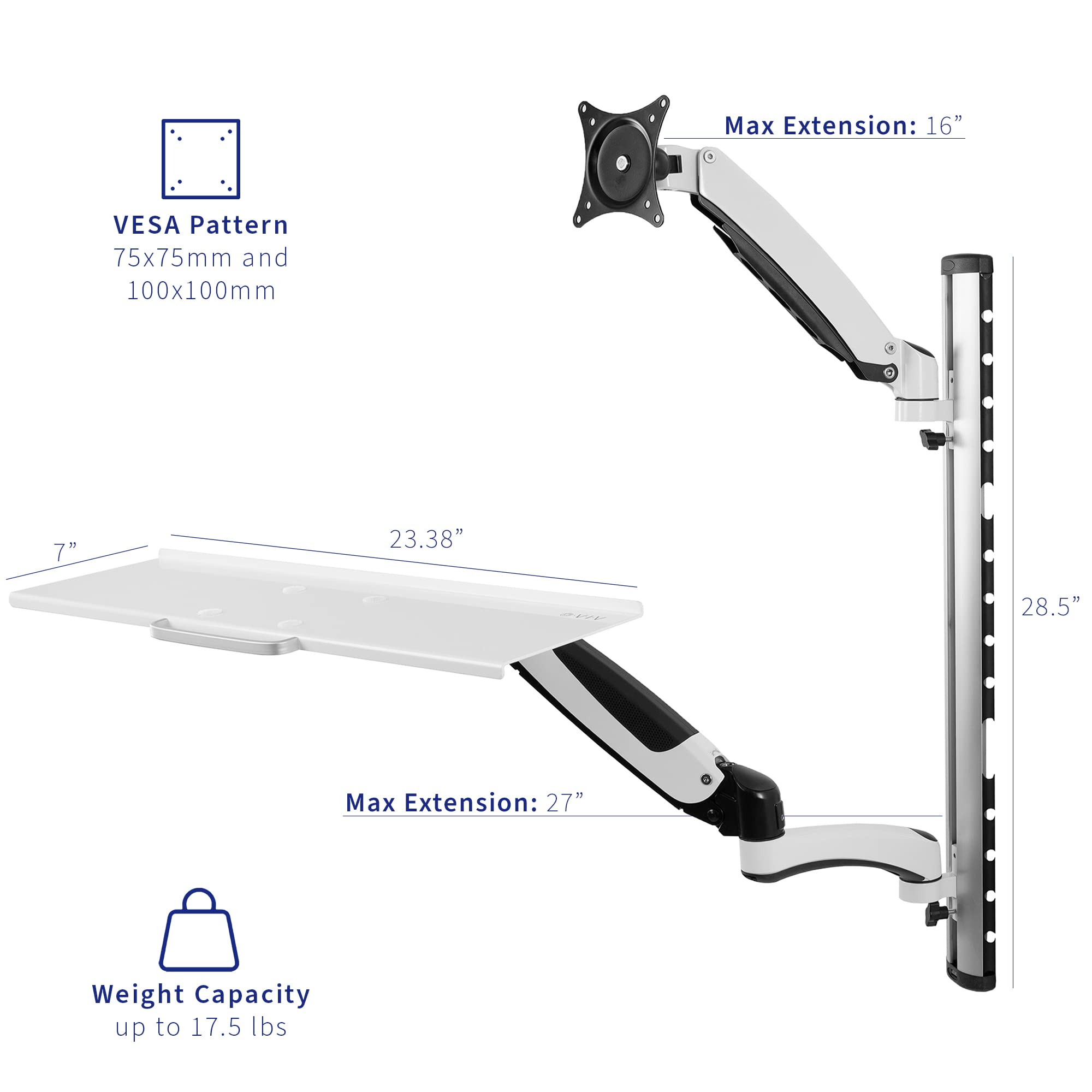 VIVO Sit Stand Wall Mount Counterbalance Height Adjustable Monitor and Keyboard Workstation for Screens up to 27 inches, White STAND SIT1KW