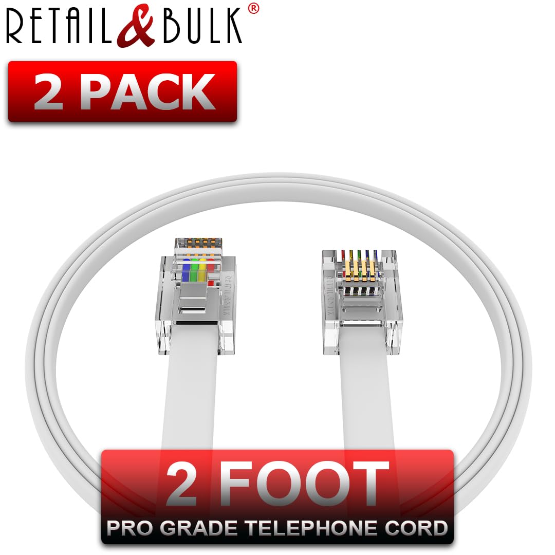 Retailandbulk (2 Pack) 2 Feet Telephone Cord, Professional Grade Made In Usa, 6P4C Male Rj11 Plugs With 50 Micron Gold Contacts,