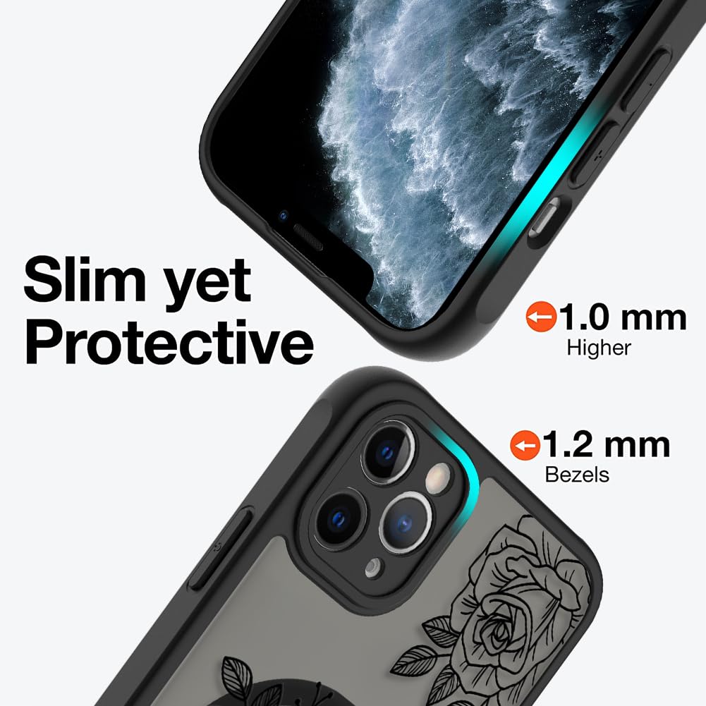Ook Magnetic For Iphone 11 Pro Max Case Black Flower Floral Pattern [Compatible With Magsafe] Slim Translucent Matte Camera Lens