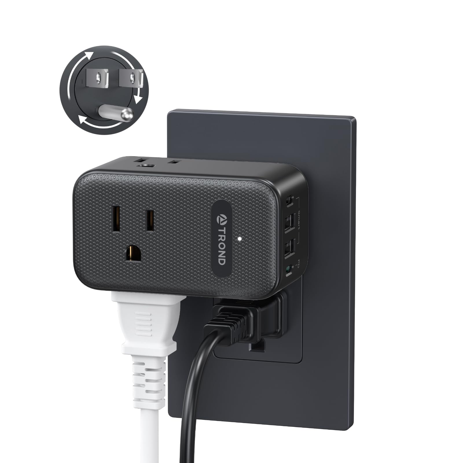 Trond Multi Plug Outlet Extender, 3 Ac Outlet Adapter With 360 Rotating Plug, Black Power Splitter With Pd 20W Usb C Charger, A