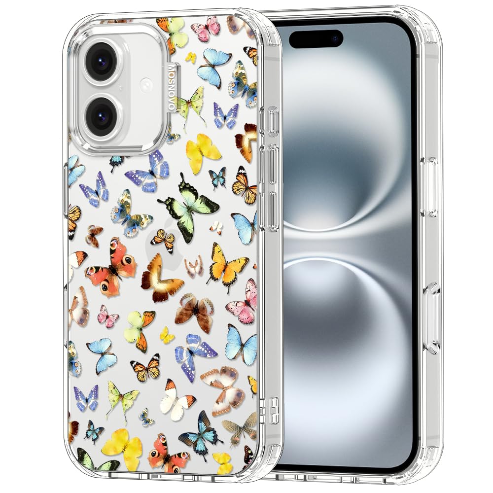 MOSNOVO for iPhone 16 Case, Shockproof Military-Grade Protection 6.6ft Drop Tested, Clear Phone Case for iPhone 16, Wild Butterf