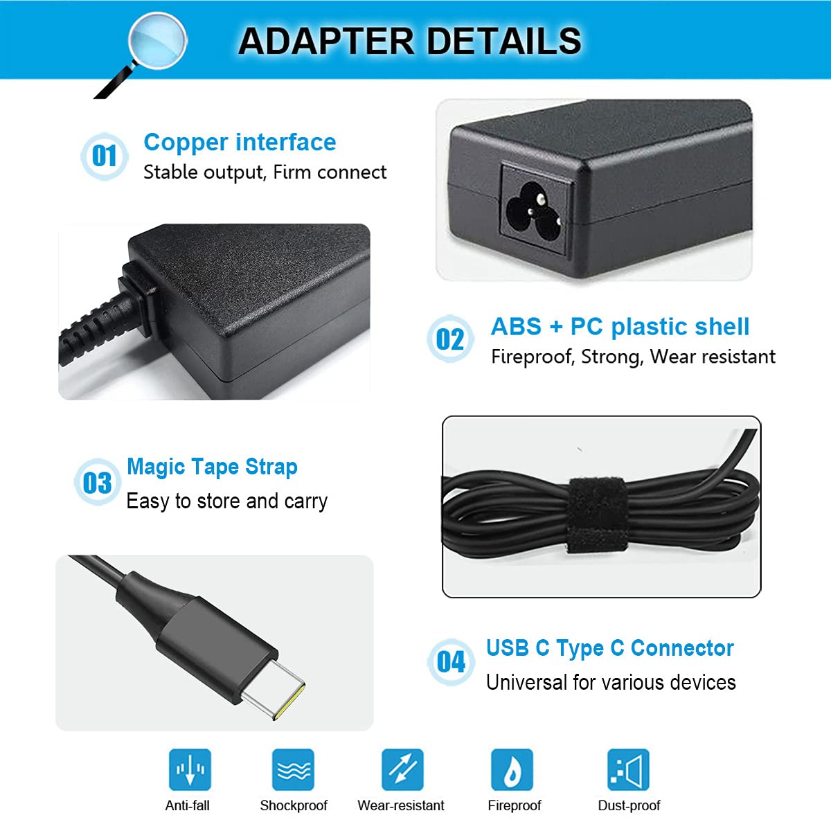 Emanjor 45W USB-C Laptop Charger for Dell Chromebook Latitude XPS Black Plastic