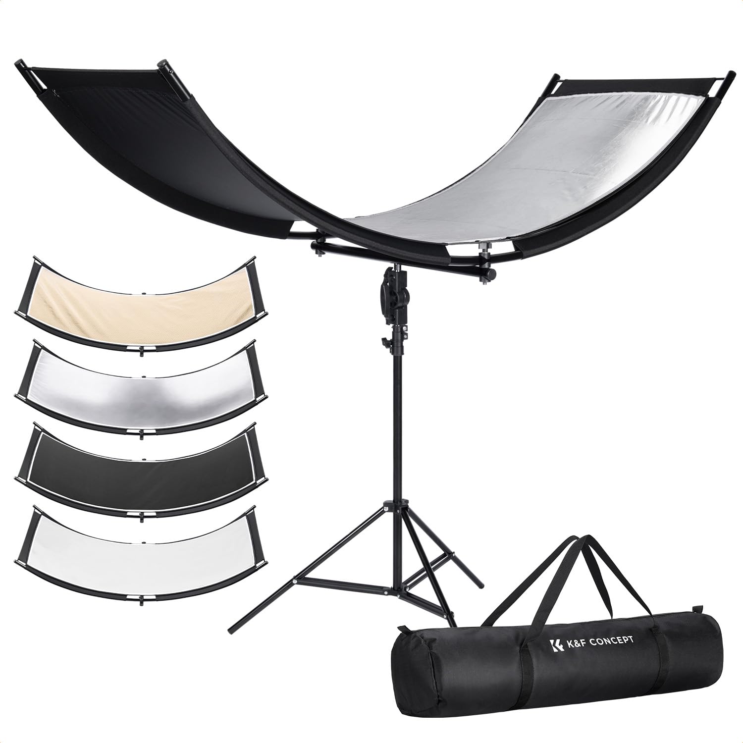 K&F CONCEPT U-Shape Reflector Curved Reflector 180x60cm with 4-in-1 Reflective Fabric, Black/Gold/White/Silver, with 1.9m Stand,