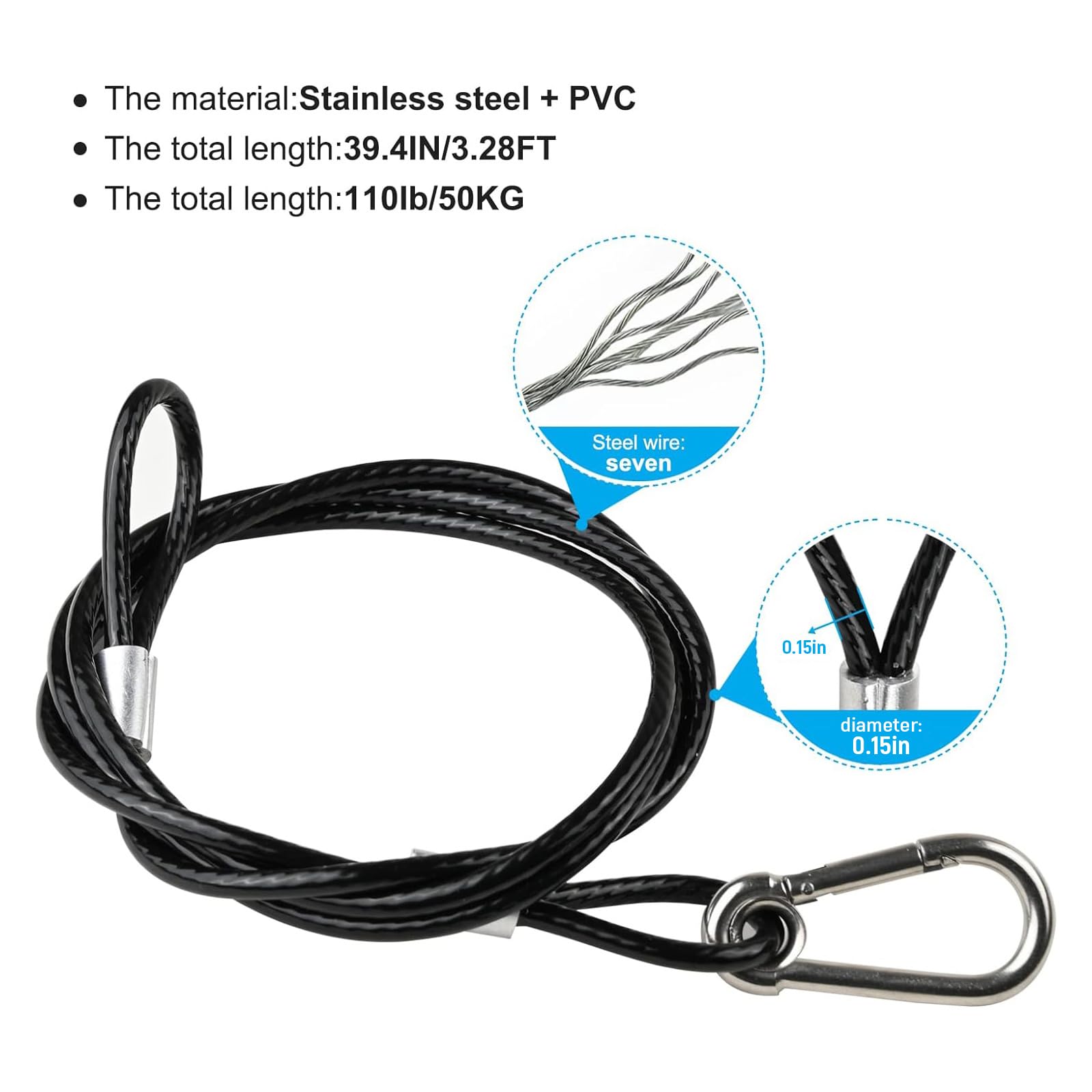 Vigtayue 39.4'' Safety Cable Black Coated Stainless Steel Security Cable With Carabiner Lock, 110Lb Safety Rope For Dj Stage Lig