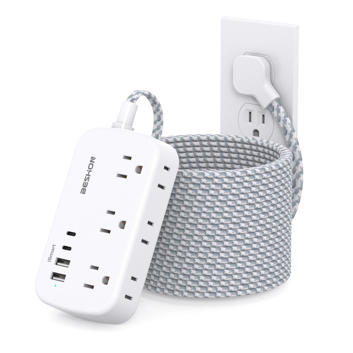 Extension Cord 25 Ft, Flat Plug Power Strip With 6 Outlets With 4 Usb Ports(2 Usb C), Wall Mount Charging Station, No Surge Prot