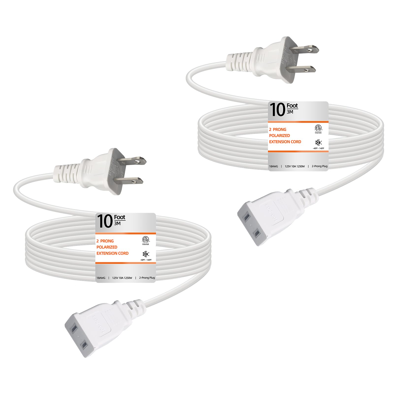 Lightweight Extension Cord 10Ft (3M) White Cord Indoor Household Extension Cable With 125V 10A 2 Prong Polarity Power Cable Idea
