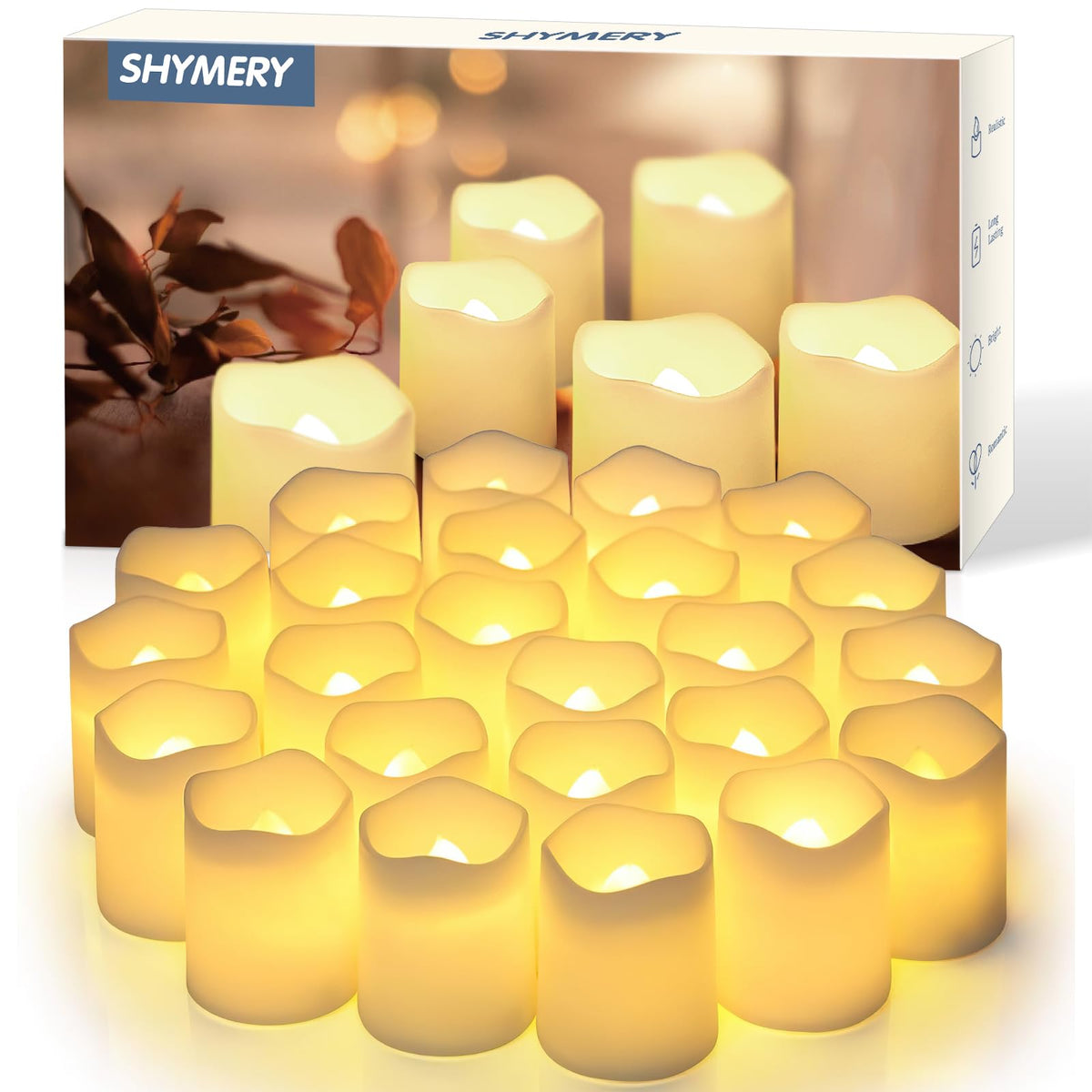 Shymery Flameless Votive Candles,Flameless Flickering Electric Fake Candle,24 Pack 200+Hour Battery Operated Led Tea Lights In W