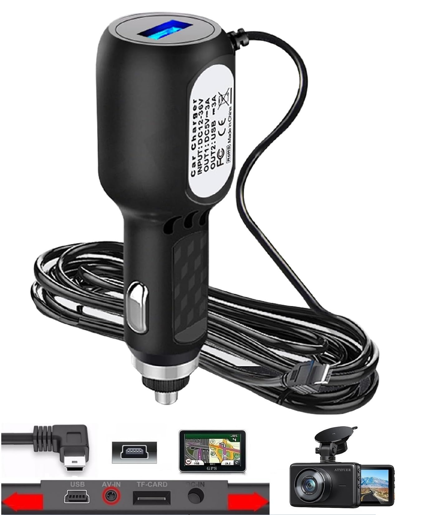 Atyfuer Dash Cam Charger Cable, 11.5Ft Mini Usb For 12V 24V Cars & Trucks, 3 In 1 Charging For Dash Cam, Gps Navigator, Mobile P