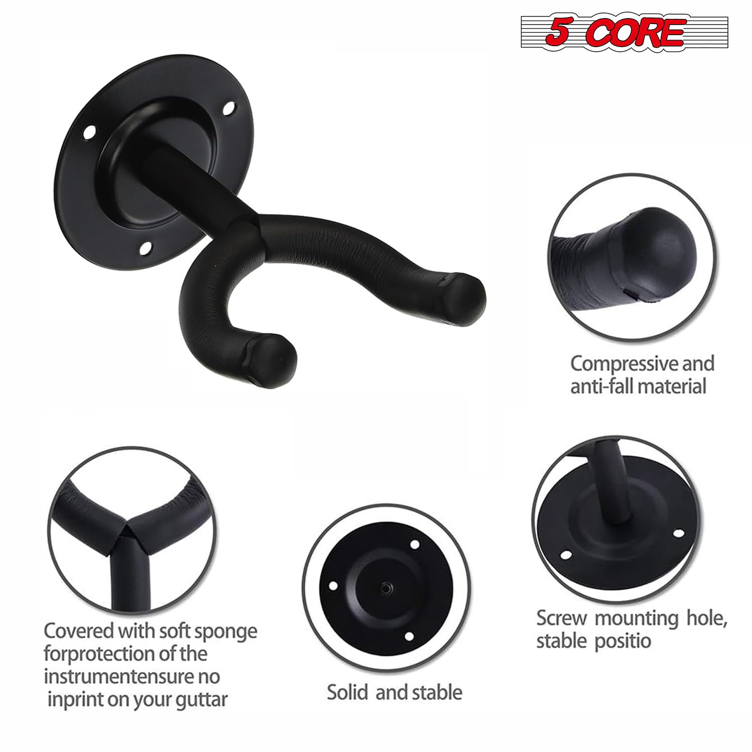 5 Core Guitar Wall Mount, Black V-Shaped Secure And Sturdy Hanger - 3 Pieces Holder For Acoustic, Electric, Bass, Mandolin - Wal