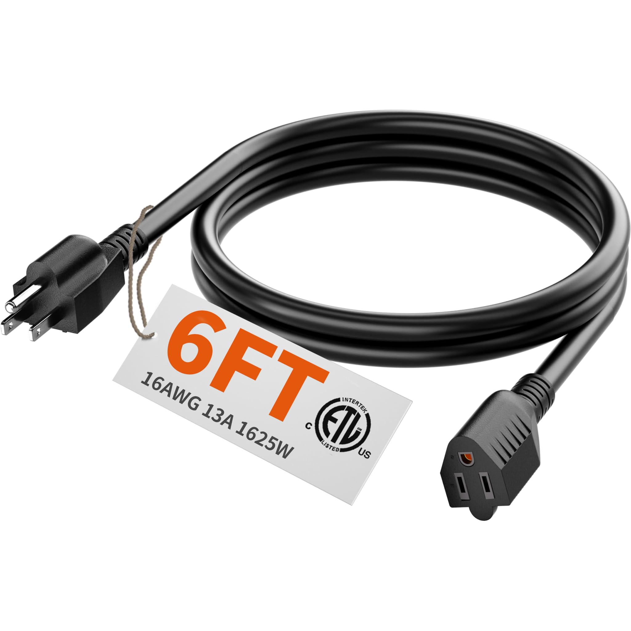 Huanchain 6 Ft 16 Gauge Black Indoor Outdoor Extension Cord Waterproof, Flexible Cold Weather 3 Prong Electric Cord Outside, 13A