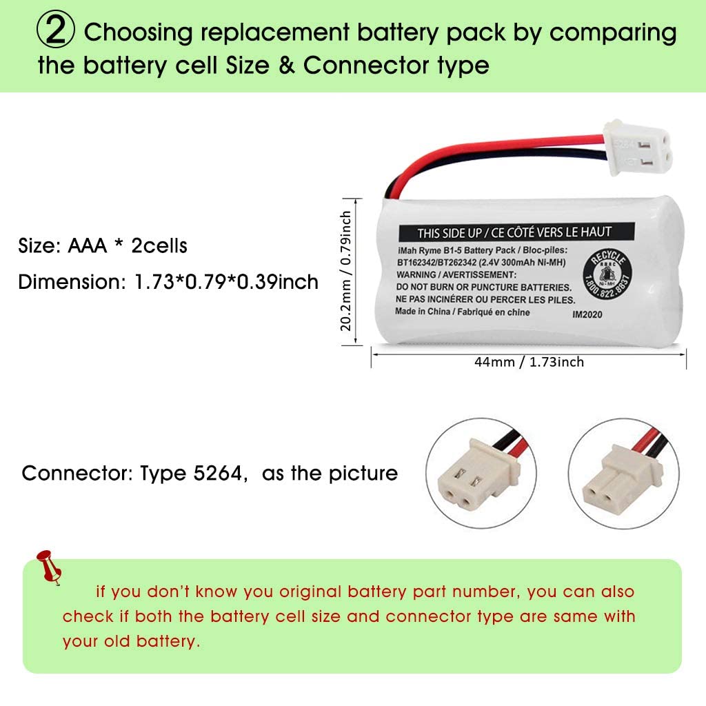 Imah Bt162342/Bt262342 2.4V 300Mah Ni Mh Cordless Phone Battery Pack, Also Compatible With Bt183342/Bt283342 At&T Bl102 3 El5235