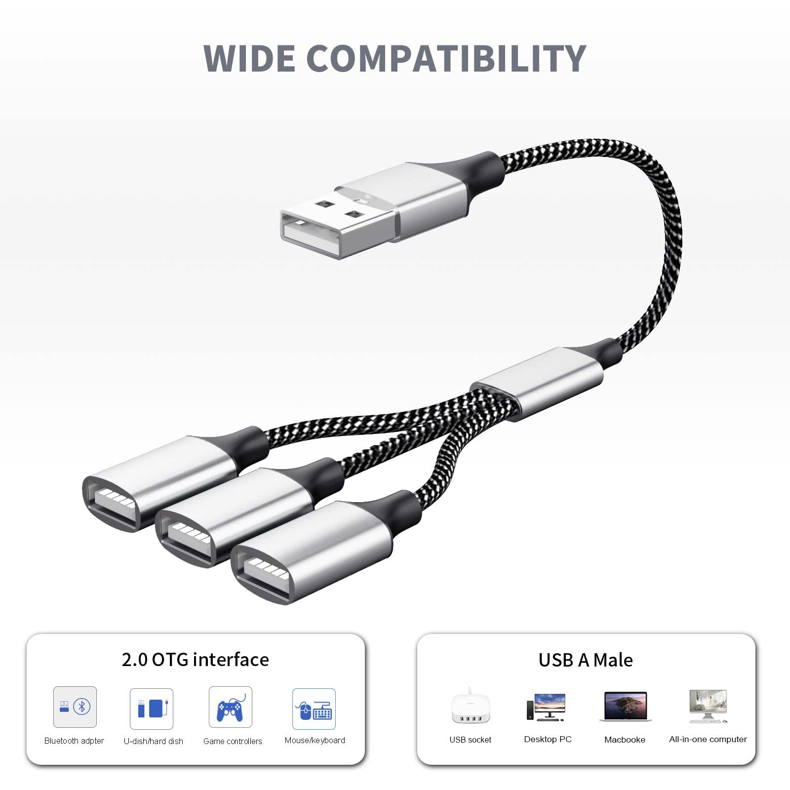 Fidioto Usb Splitter Y Cable,Usb 1 Male To 3 Female Extension Cord Connector,Dual Double Usb Port Extender Hub,Data&Charger Powe