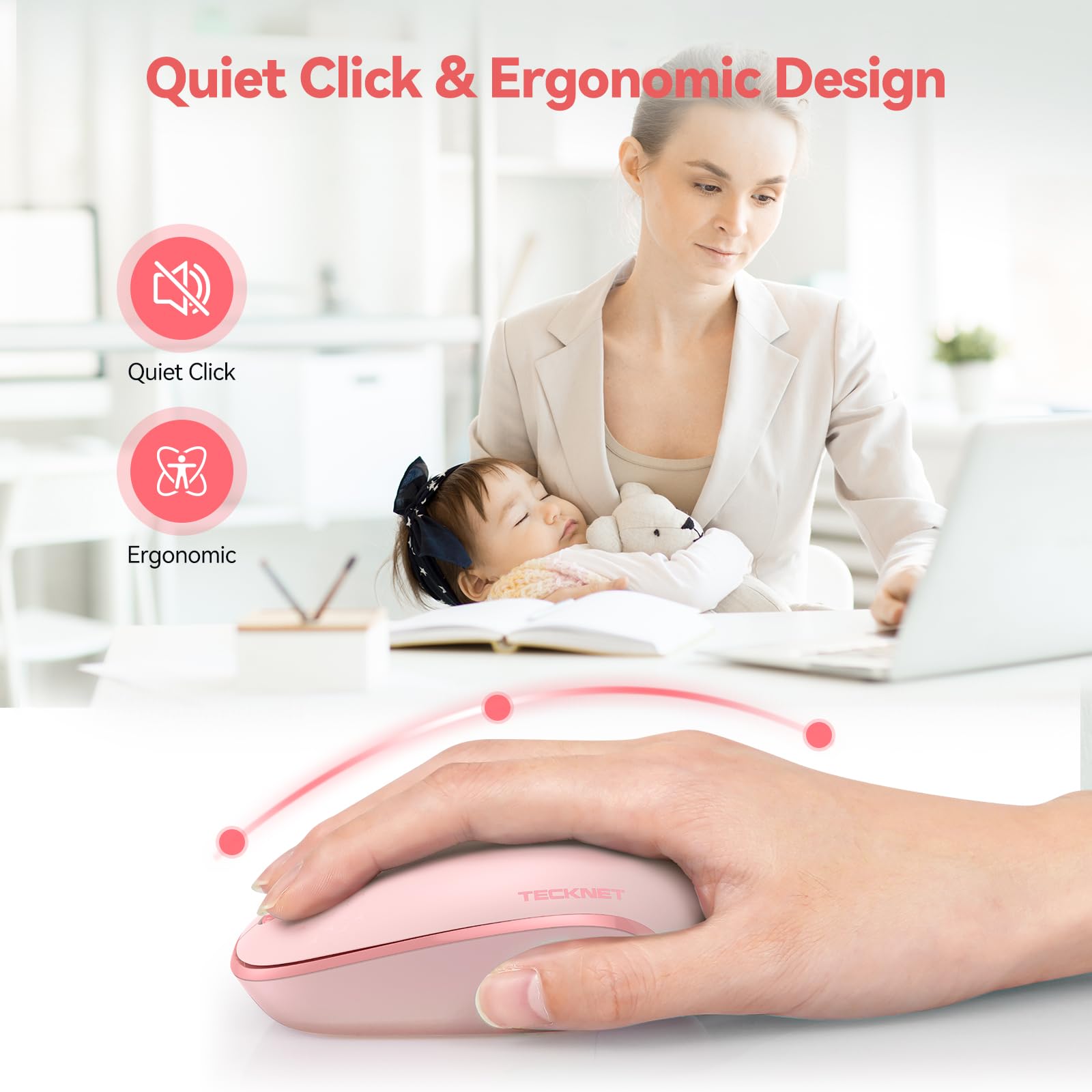 Tecknet Wireless Mouse, 2.4G Quiet Computer Mouse With Usb Receiver, 4 Buttons Portable Cordless Mice For Chromebook, Laptop, Pc, Mac, 800/1200/1600 Dpi   Pink