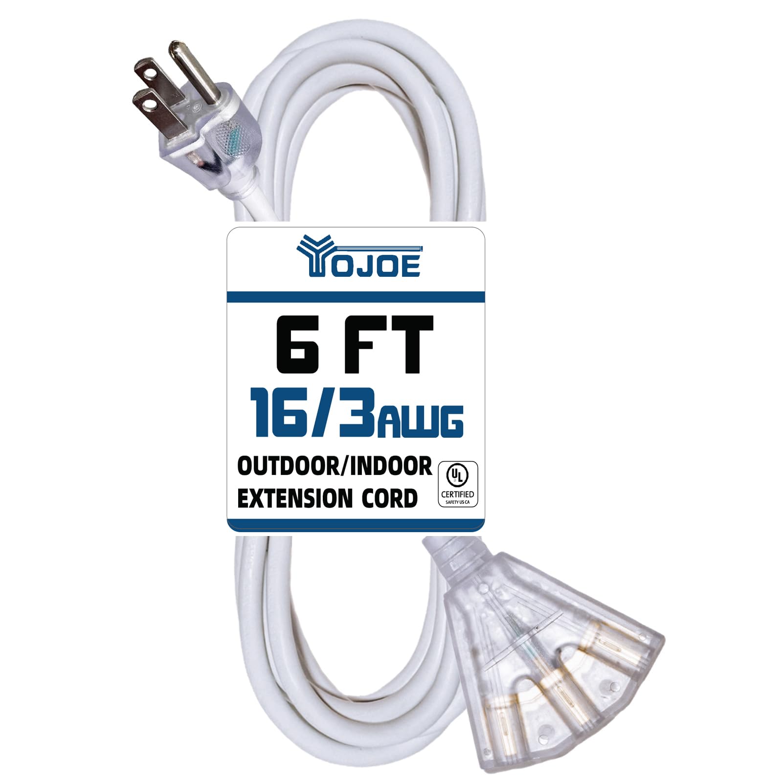 Yojoe 3 Outlets Indoor Outdoor Extension Cord With Lighted End, 3 Prong 13A Weatherproof Power Cord, 16 Gauge Heavy Duty 6 Ft Wh