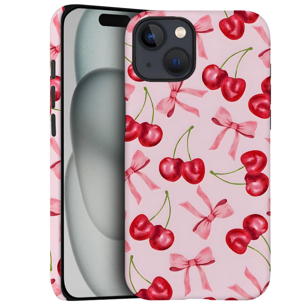 Generic Case for iPhone 15 - [Drop Protection Phone Cover] - Hybrid Case for Girl Women - Cherry Ribbon Bow Fruit Pink