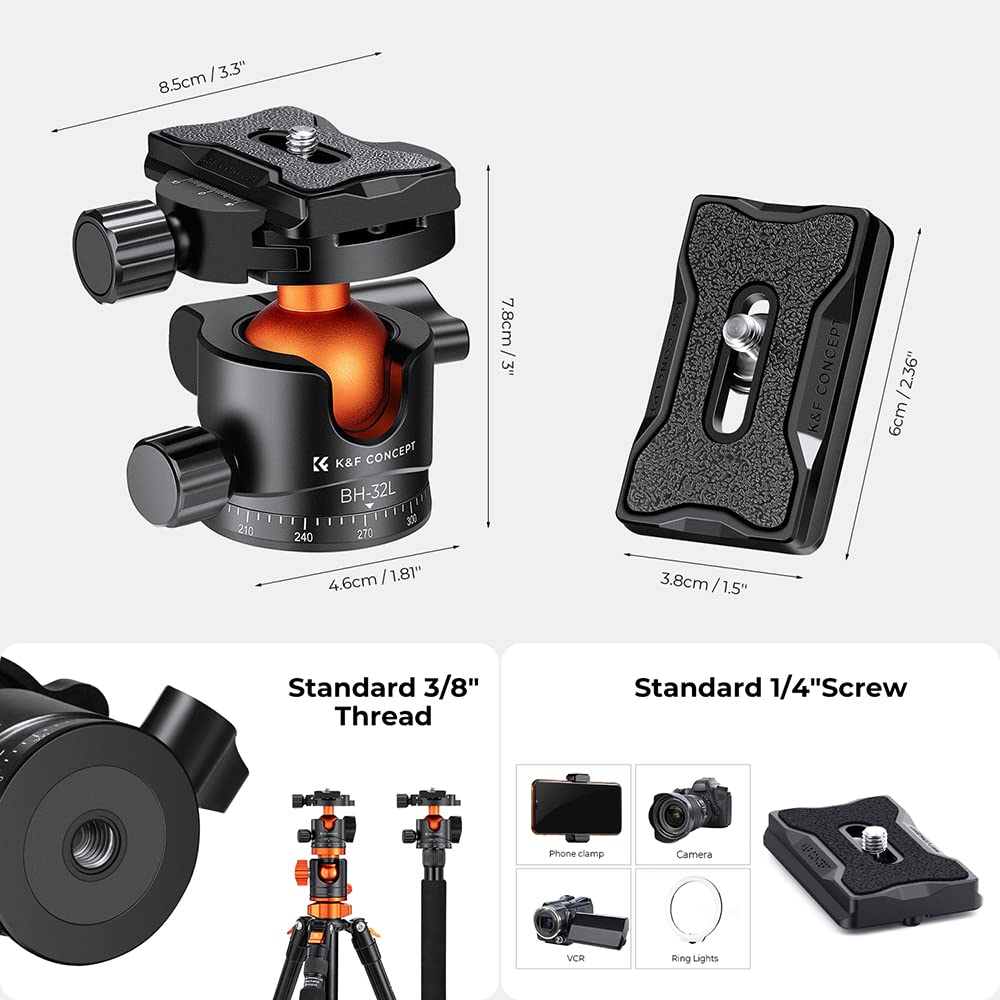 K&F Concept 32Mm Metal Tripod Ball Head 360 Degree Rotating Panoramic With 1/4 Inch Quick Release Plate Bubble Level For Monopod