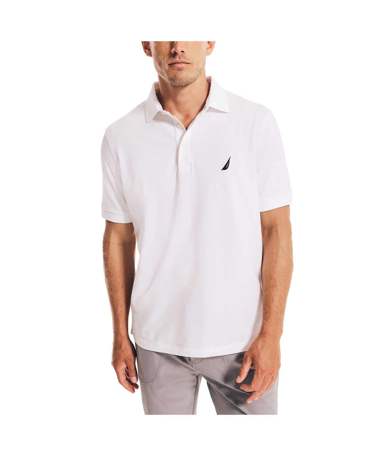 Nautica Mens Short Sleeve Solid Stretch Cotton Pique Polo Shirt, Bright White, Large