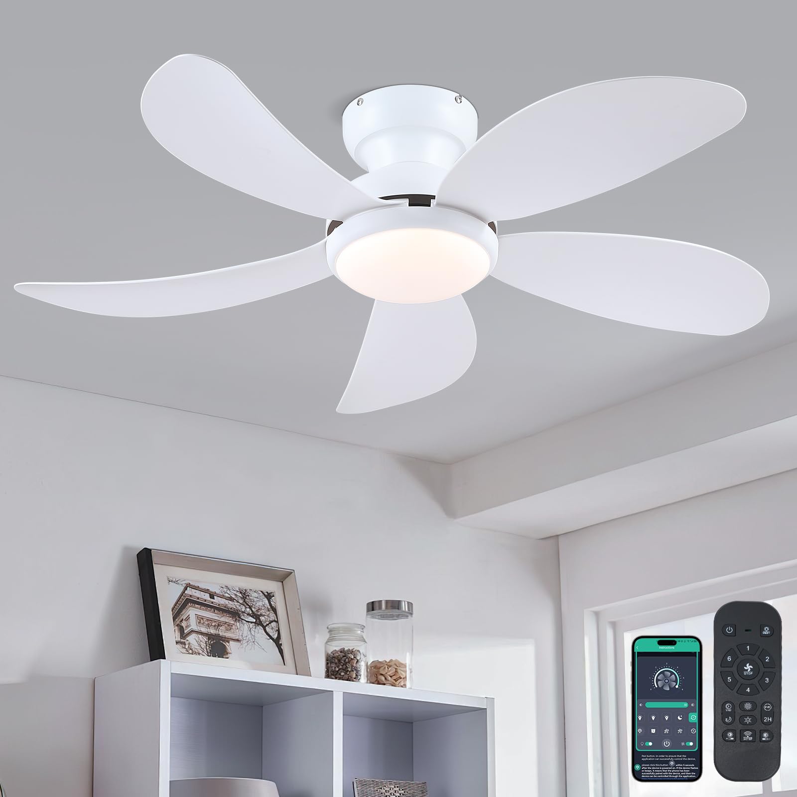 PHORUS 42 White Low Profile Ceiling Fans with Lights and Remote/APP, Small Modern Flush Mount Ceiling Fans with Quiet Reversible