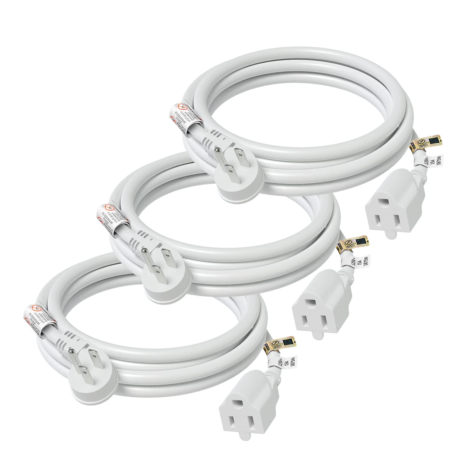 Firmerst 1875W Flat Plug Extension Cord 6 Feet 14 Awg 15A White, Pack Of 3
