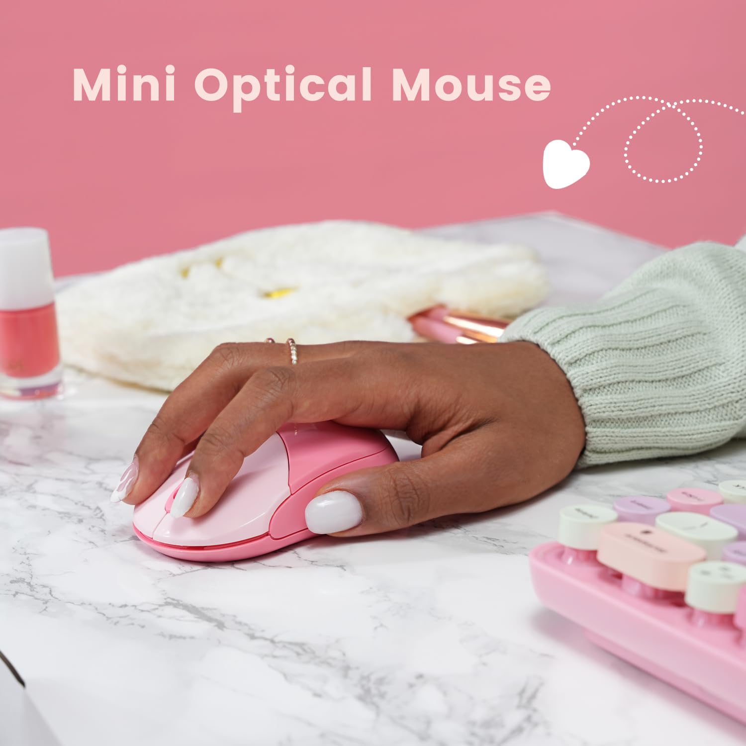 Perixx Periduo 802Pk Bluetooth Mini Keyboard And Mouse Combo   Retro Round Key Caps   Pastel Pink   Us English