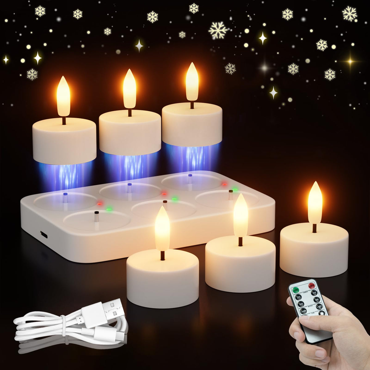 Rechargeable Flameless Tea Lights Candles With Charging Station 6Pcs Battery Tea Lights Candles With Remote & Timer Led Tealight