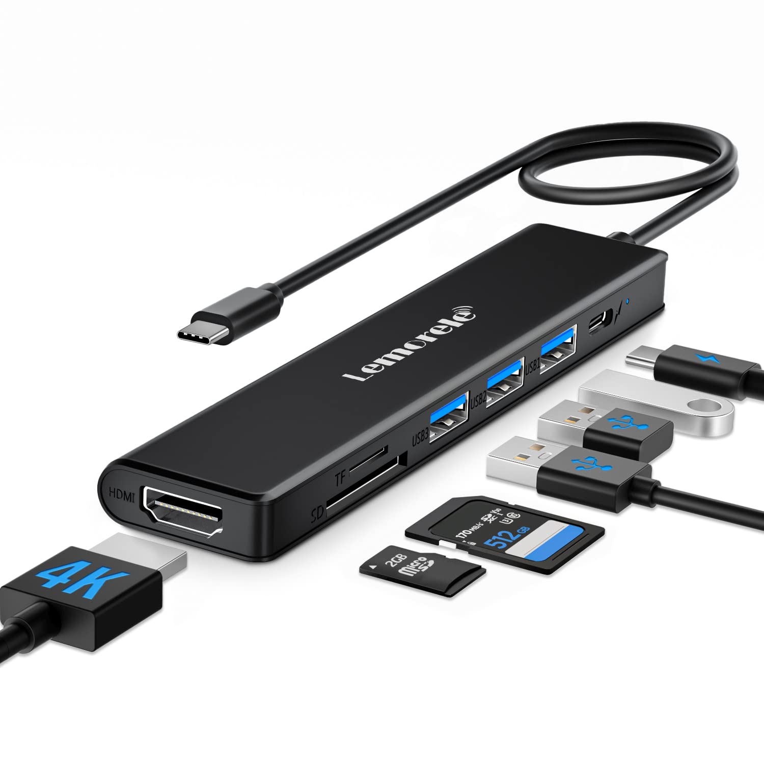 Lemorele Usb C Hub, Type C Hub Adapter 7 In 1 With Hdmi 4K@30Hz, 100W Pd Charging, 1 Usb3.0 5Gbps Data Port, 2 Usb 2.0, Sd/Tf, U